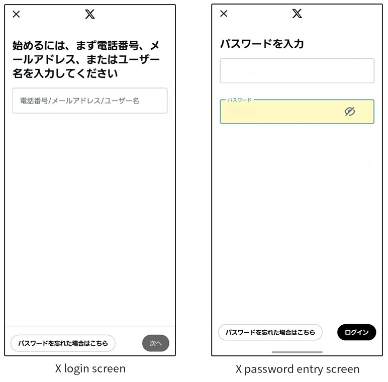 X login screen, X password entry screen